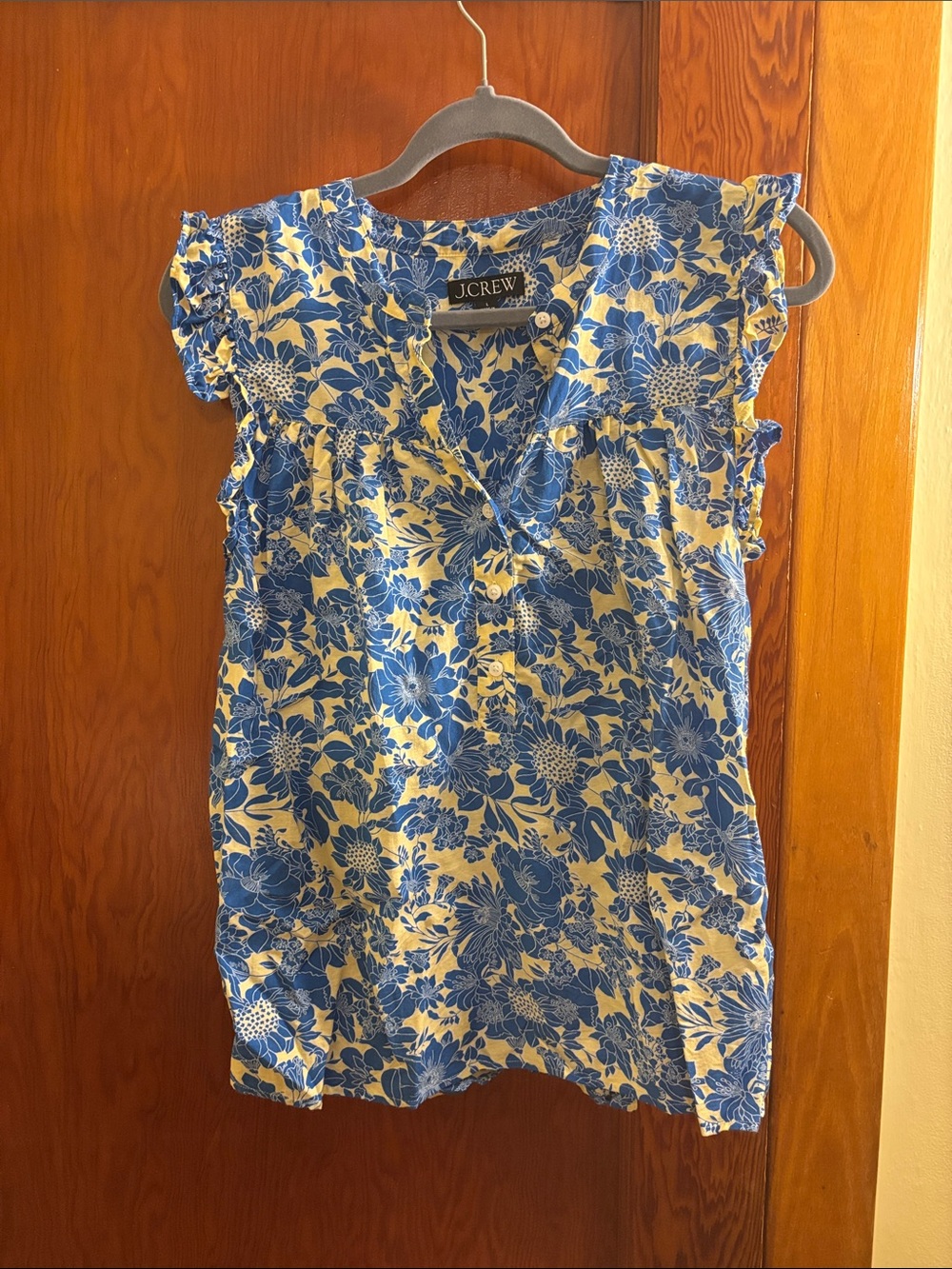 J. Crew Blue and Cream Floral Ruffle Cap-Sleeve Blouse